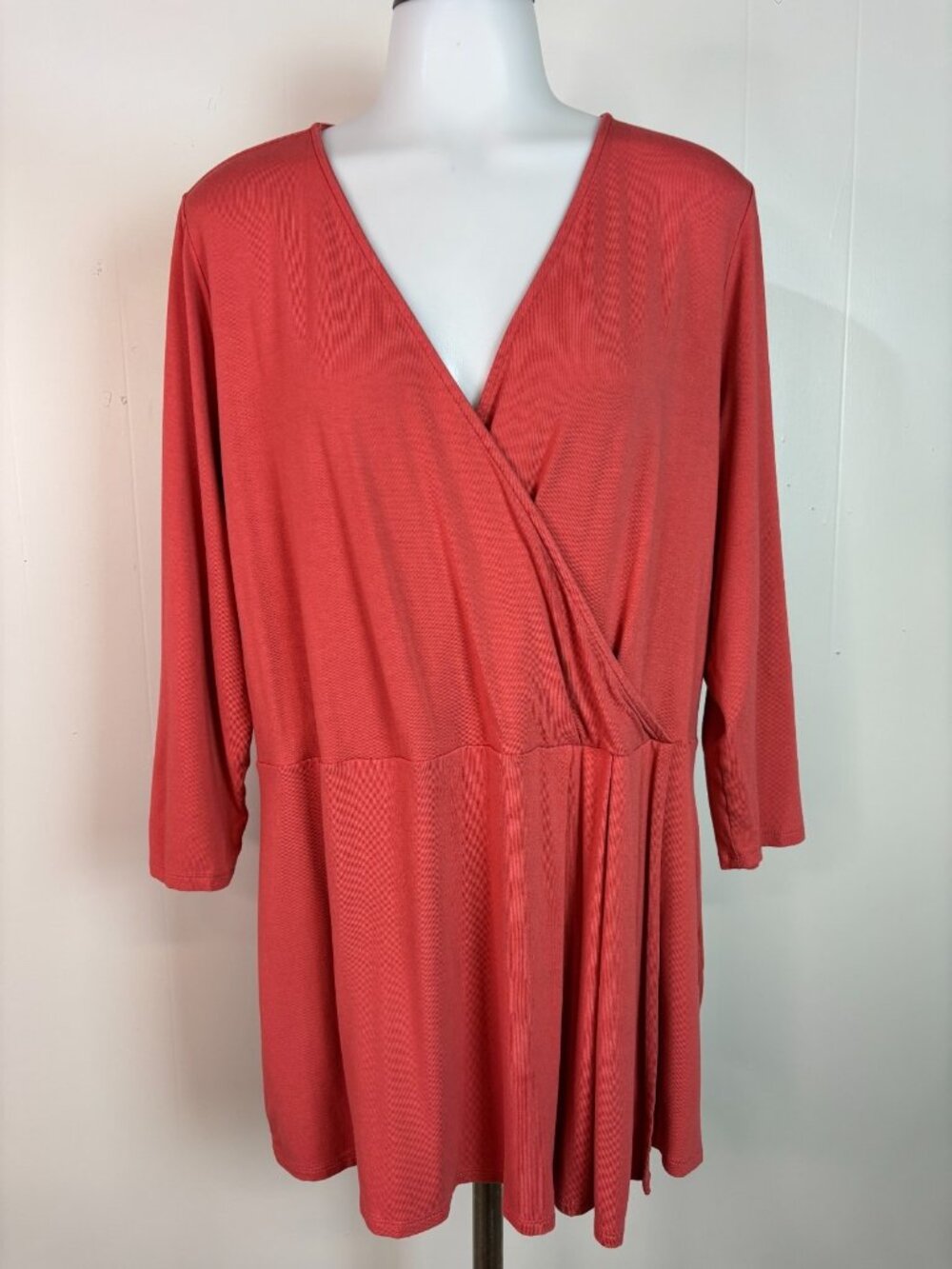 J. Jill Top Large Coral Wrap-Front Wearever Collection Stretch Blouse 3/4 Sleeve